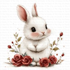 a painting of a white rabbit with red roses