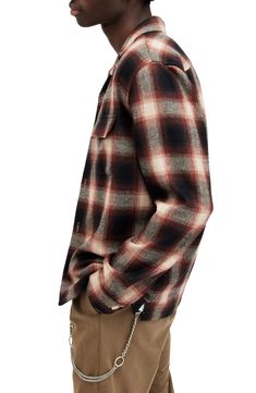 A cool plaid complements the relaxed, easy-wearing appeal of a layer-ready shirt cut from soft flannel with a touch of wool. 30" length; 44" chest (size Medium) Front button closure Convertible collar Long sleeves with button cuffs Chest patch pockets 50% recycled polyester, 21% wool, 16% acrylic, 7% polyamide, 4% viscose, 2% cotton
 Dry clean Imported Casual Cotton Shirt By Allsaints, Casual Allsaints Cotton Shirt, Casual Allsaints Button-up Shirt, Casual Button-up Shirt By Allsaints, Allsaints Casual Button-up Tops, Allsaints Casual Collared Shirt, Classic Plaid Tops For Fall, Allsaints Classic Long Sleeve Top, Allsaints Long Sleeve Tops For Fall