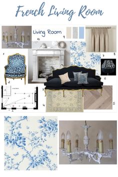 the french living room is shown in blue and white