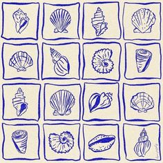 a blue and white drawing of seashells in squares on a beige paper background