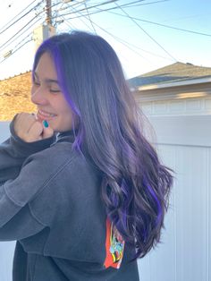 Black With Purple Money Piece Hair, Purple Hair Front Pieces, Purple Dip Dye Hair Brunette, Under Purple Hair, Purple Peek A Boo Hair, Purple Hair Peekaboo, Brunette Hair With Purple Highlights, Peekaboo Purple Hair, Peekaboo Hair Color Purple