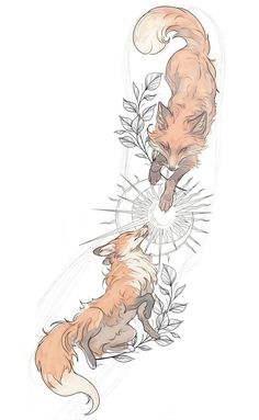 Cool Fox Art, Simplistic Fox Tattoo, Playful Fox Tattoo, Two Foxes Drawing, Fall Fox Drawing, Silver Fox Drawing, Virgo Fox Tattoo, Two Foxes Tattoo, Running Fox Tattoo