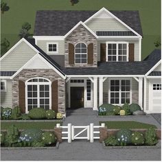 this is an artist's rendering of the front of a house with white trim and brown shutters