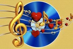 a musical note with hearts and trebles on it, surrounded by music notes