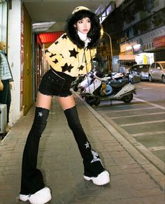 Rager Party Aesthetic Outfit, Hyper Punk Fashion, Y2k Tomboy Aesthetic, Pose For Street Photography, Bloom Core Aesthetic Outfits, Two Characters Reference, Shh Pose Reference, Alt Pose Reference, Lunarcore Fashion