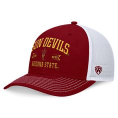 Elevate your collection of Arizona State Sun Devils headwear with this Carson Trucker adjustable hat from Top of the World. It features embroidered team graphics on the front crown and breathable mesh for added all-day comfort. This cap's snap closure ensures you get a perfect fit, making this an essential pickup for any Arizona State Sun Devils fan. Sun Devils, Arizona State, Top Of The World, Adjustable Hat, Snap Closure, Arizona, Perfect Fit, Crown, Mesh