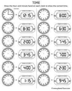 printable worksheet for telling time to the hour and minute hand on each clock