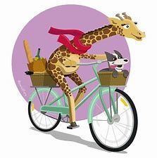 a giraffe riding on the back of a bike with a raccoon