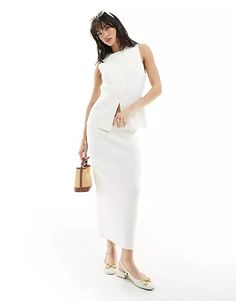 ASOS DESIGN knit midaxi skirt in white - part of a set | ASOS Chic White Two-piece Set, White Fitted Long Skirt Set, Fitted White Long Skirt Set, Fitted White Set With Long Skirt, White Maxi Skirt For Spring Workwear, Chic Two-piece Skirt Set, Chic White Maxi Skirt For Work, Chic White Fitted Skirt Set, Elegant Sleeveless Set For Day Out