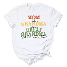 👩👵👵‍🦳 Celebrate three generations with our Mom Grandma Great Grandma Tee Shirts! Soft Style Solid color: 100% Airlume combed and ring-spun cotton Heather Colors: 52% Airlume Combed and ring-spun cotton, 48% polyester Heather Sport colors: 60/40 polyester/cotton 100% No Sweatshops & Eco-Friendly Production For different Mother's Day t-shirt designs, please take a look at our Mother's Day collection. https://www.greatwoodboutique.com/collections/mothers-day-tee-shirts Graphic Print Short Sleeve Shirt For Family Gatherings, White Graphic Print Top For Family Reunion, White T-shirt With Text Print For Family Reunion, Mother's Day Graphic Print Top For Family Reunion, Mother's Day Family Reunion Graphic Print Tops, Graphic Tee Crew Neck Tops For Family Gatherings, Graphic Tee With Crew Neck For Family Gatherings, Family Reunion Graphic Tee With Text Print, Custom Print Graphic Tee For Family Reunion