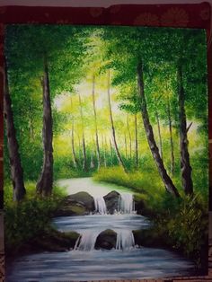 a painting of a stream running through a forest