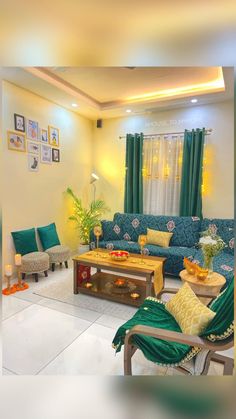 a living room filled with furniture and green curtains