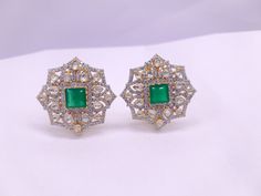 Silver Moissanite Polki With Labmade Emerald Stud Earring, Moissanite Polki Chandbali, Emerald Polki Earring, Wedding Jewellery,Earring Gift *𝐀𝐛𝐨𝐮𝐭 𝐏𝐫𝐨𝐝𝐮𝐜𝐭* Product Code :- TE 1031 Product Type :- Stud Earring Product Weight :- 15.72 Gram Gemstone Used :- Moissanite Polki, Labmade Emerald, Cubic Zirconia  Material :- 925 Sterling Silver, Moissanite Polki, Labmade Emerald, Cubic Zirconia Size :- 3x3 Cm Intricate, hand-crafted, Pure Silver Polki Earrings, studded with high-quality Moissanite Polki comes with Push back, made in 92.5 silver with 22ct gold plating. The product comes with 92.5 silver stamping -Product can be made in gold as well. -If any product is not ready, It takes 2-3 weeks to make in pure silver -We also look forward to Bulk Orders. We shall consider special dis Green Fusion Bridal Earrings With Hand Set, Exquisite Green Diamond Earrings For Wedding, Exquisite Green Diamond Wedding Earrings, Traditional Green Diamond Earrings, Green Hand Set Fusion Earrings, Fusion Style Green Bridal Earrings With Matching Set, Hand Set Green Fusion Earrings, Green Fusion Style Bridal Earrings With Matching Set, Elegant Green Earrings For Diwali