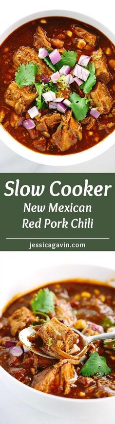 slow cooker new mexican red pork chili with cilantro and onions in a white bowl