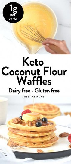 the keto coconut flour waffles are being drizzled with syrup