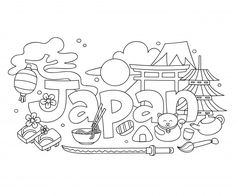 the word japan is drawn in black and white with an image of various objects around it