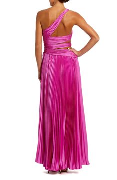 Look like you just stepped off the red carpet in this pleated gown fashioned with one-shoulder styling and cutouts. 61" length Hidden back-zip closure One-shoulder neck Sleeveless Lined 100% polyester Spot clean Imported Asian Owned/Founded Fuchsia Prom Dress, Gown Models, Black Tie Gowns, Summer Engagement Party, Charmeuse Gown, Evening Gowns Online, Neutral Dresses, Engagement Party Dresses, Spring Wedding Guest Dress