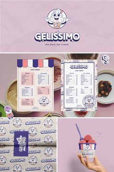 the menu for gelissmo is shown in three different pictures, one with an ice cream