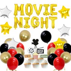 a movie night party with balloons and cupcakes