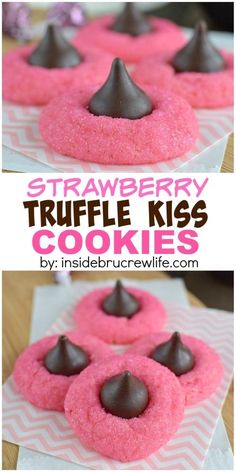 strawberry truffle kiss cookies with chocolate on top and pink frosting in the middle