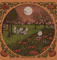 an image of a pumpkin patch with cats and dogs in the field at night time