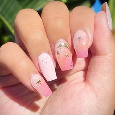 Pink White Semi-Transparent Nails with Golden Stars Deco Gel Nail Strips | Star-Filled Sky | Danni & Toni Simple Celestial Nails, Pink Glitter Nail Art, Whimsical Nails, Feminine Nails, Planet Nails, Girly Acrylic, White Tips, Nails Inspired, Golden Nails