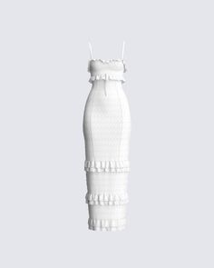 Bring the charm with this white maxi dress 💫 Made from an eyelet lace fabric, and complete with mini ruffle details, a bustier style, and adjustable straps - this look is the ultimate proof that elegance can have a cheeky side 🤍 Fitted Lace Maxi Dress With Ruffle Hem, White Tiered Ruffle Maxi Dress, White Chic Maxi Dress With Adjustable Straps, Fitted Maxi Dress With Adjustable Ruffled Straps, Chic Tiered Lace Maxi Dress, Chic White Maxi Dress With Adjustable Straps, Chic Lace Tiered Maxi Dress, Fitted Tiered Maxi Dress With Adjustable Straps, Elegant Lace Maxi Dress With Ruffle Hem