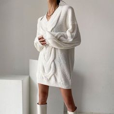 Shop now: www.girlbossfashion.com 🔥BUY 2 GET 1 FREE SITWIDE 👉🏻Use Code : LOVE Loose Knit Dress, V Neck Long Sleeve Dress, Winter Sweater Dresses, White Playsuit, Sweater Dress Casual, Sweater Dress Oversized, Cable Knit Sweater Dress, Pullover Mode, Elegant Sweater