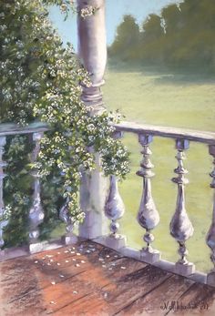 an oil painting of a balcony with flowers on the railing and trees in the background