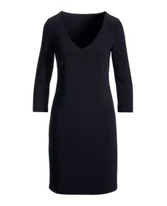 The knit fabric on this Beyond Travel Three-Quarter-Sleeve V-Neck Dress embraces your silhouette, gently skimming your curves without sacrificing ease of movement. With a soft, four-way stretch fabrication that's wrinkle-resistant and packable, this wash-and-wear knit dress can be dressed up or worn casual. Flex your options for everyday and night-out looks when styled with Beyond Travel blazers and jackets. Sleek Stretch V-neck Dress, V-neck Elastane Dress With Flattering Silhouette, Elegant Stretch V-neck Dress For Work, Formal Stretch V-neck Dress, Black Stretch V-neck Dress, Sleek V-neck Elastane Dress, Stretch V-neck Dress For Work, Travel Blazer, Boston Proper