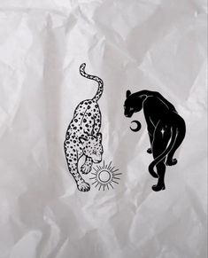 a black and white drawing of a leopard on a piece of paper with the sun in it's mouth