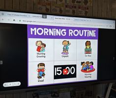 a television screen with the words morning routine on it and pictures of children sitting around