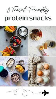 the words 8 travel - friendly protein snacks are shown in four different pictures, including eggs and