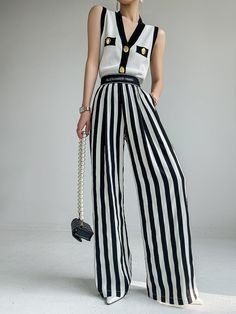 Trendy Striped Wide Leg Pants, Trendy Wide Leg Bottoms With Vertical Stripes, Chic Striped High-waisted Wide Leg Pants, Spring Wide-leg Pants With Vertical Stripes, Spring Wide Leg Pants With Vertical Stripes, Ankle-length, Wide Leg Ankle-length Pants With Vertical Stripes For Spring, Spring Ankle-length Wide Leg Pants With Vertical Stripes, Trendy Striped Wide-leg Pants, Trendy Vertical Striped High-waisted Pants