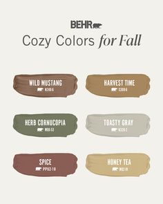 the color scheme for behrr's cozy colors for fall is shown in various shades