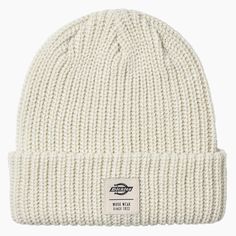 Fisherman beanies are a staple in every wardrobe. This cuffed style features a chunky rib knit to block out the cold and our woven Work Wear label. White Cotton Hats For Cold Weather, Casual White Hats For Cold Weather, Casual White Hat For Cold Weather, Casual White Hat For Fall, White Knitted Beanie For Cold Weather, Casual White Knitted Beanie, Casual Chunky Knit Beanie For Outdoor, White Streetwear Hat For Fall, White Chunky Knit Hat For Fall