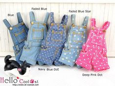 four pairs of denim overalls with polka dots on them are shown in different colors and sizes