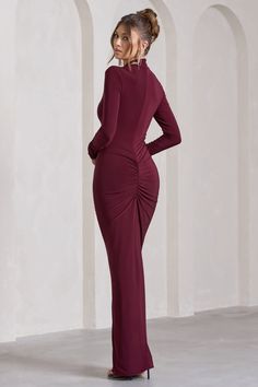 Lynn Burgundy Ruched High-Neck Split Maxi Dress – fashionmomo Platform Heels Boots, Wedding Shoes Bride, Drawstring Detail, Leg Split, Black Dress Prom, Black Tie Gala, Maternity Jumpsuit, Split Maxi Dress, Christmas Party Dress