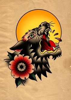 an image of a wolf with flowers on it's head and the moon in the background