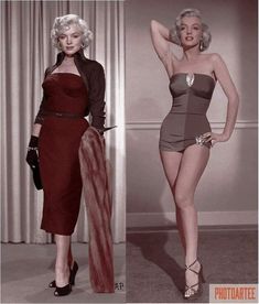 two photos of marilyn monroe in different outfits, one is wearing a dress and the other has high heels