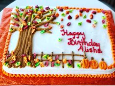 a birthday cake decorated with an image of a tree