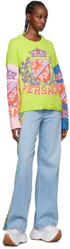 Knit cotton sweater. ·Rib knit crewneck, cuffs, and hem · Intarsia-knit graphic pattern throughout Supplier color: Multicolor Multicolor Cotton Sweater With Ribbed Cuffs, Trendy Multicolor Sweater With Ribbed Cuffs, Multicolor Cotton Jacquard Knit Sweater, Multicolor Graphic Print Knit Sweater, Multicolor Knit Sweater With Graphic Print, Versace Blue, Jeans Belt, Wide Jeans, Knit Crewneck