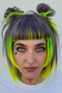 This bold version of the hime haircut has a really striking mix of purple and bright green colors, making it look very vibrant and cool in an edgy way. The hair is cut with straight sides that are the same length as the cheeks and straight bangs across the forehead, a classic part of the hime style, which shows off the face really - Click to see more of Achieve the Perfect Hime Haircut with These 29 Stunning Styles and follow us for more hairstyle ideas. // Photo Credit: Instagram @hairghoulmoe Vivid Colour Hair, Vivid Color Bangs, Prism Bangs, Rainbow Fringe Hair, Asymmetrical Hair Dye, Blond And Green Hair, Bob With Long Front Pieces, Purple And Green Hair Ideas, Funky Bangs