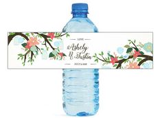 a water bottle label with flowers on it