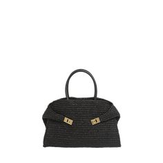 Ferragamo "Hug" top handle bag in crochet raffia and leather  Top handles  Can be worn as a top handle or shoulder bag  Open top with side Gancio buckle straps  Interior, two slip pockets  Feet protect bottom of bag  Approx. 10.2"H x 16.1"W x 7.9"D Made in Italy Luxury Black Straw Bag With Handles, Designer Straw Shoulder Bag With Top Handle, Designer Straw Bag With Top Carry Handle For Travel, Designer Straw Top Handle Bag, Designer Straw Travel Bag With Top Carry Handle, Designer Straw Bag For Travel With Top Carry Handle, Designer Black Straw Bag With Top Handle, Luxury Straw Bag With Leather Handles For Evening, Luxury Straw Tote Bag With Rolled Handles