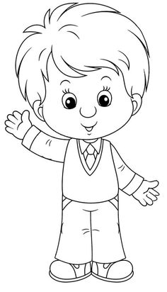 a cartoon boy in black and white with his hands out to the side, while he is