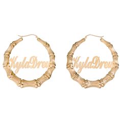 "These personalized 14k yellow solid gold door knocker bamboo earrings are fun and stylish! Name made in cursive letter font. * Hoops pictured-\"Kyla-Drew\", \"Usawa\",\"Bonita/Ballerina\" are 2\" *Hoops \"Natasha Elise\"-2.5\" * Price is for a pair. * Earring diameter: 2\" weight, approx. 7 grams without name. * 10.3 grams with name. Accurate weight depends on name. * Smaller sizes available, message me for more details. * Bamboo thickness: Approx .35mm Upgrades for FedEx/UPS guaranteed 2-day d Gold Bamboo Earrings, Bamboo Jewelry, Staple Earrings, Gold Door, Diamond Huggie Earrings, Stylish Name, Diamond Huggies, Bamboo Earrings, Mandala Flower