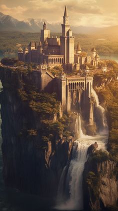 a castle on top of a waterfall in the middle of a forest with mountains behind it