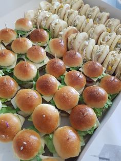 many small sandwiches are arranged in a box