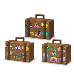 three brown suitcases with stickers on them